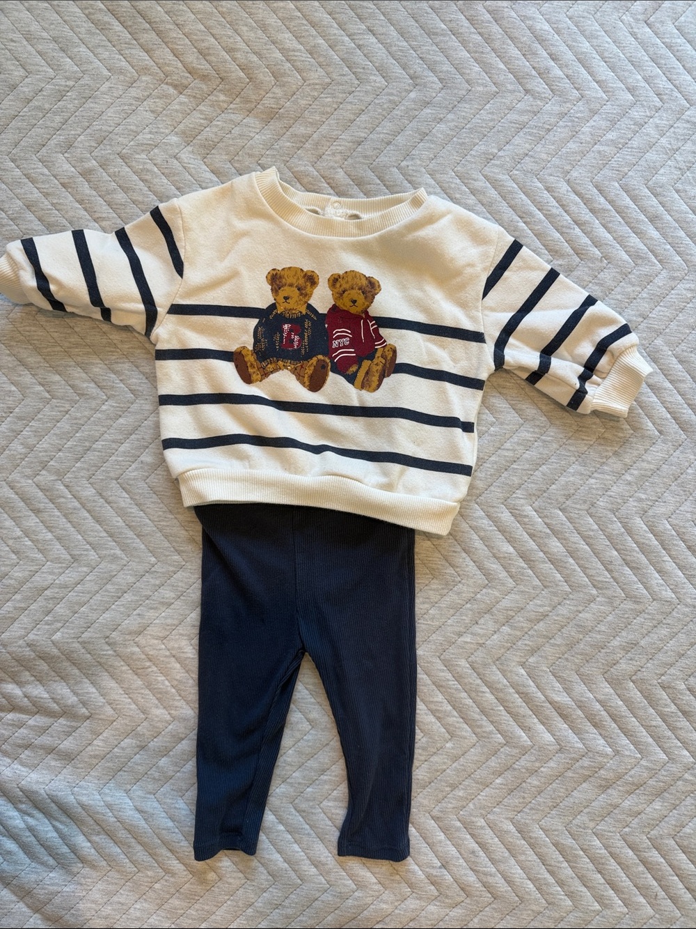 Striped Cream & Navy Sweater with Teddy Bear Motif